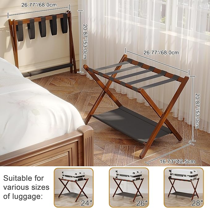Bamboo Luggage Rack for Guest Room, 26.77" Folding Wide Suitcase Stand with Fabric Storage Shelf, Thickened Luggage Stand Holder for Bedroom Hotel, Luggage Rack for Suitcases (1 Pack - Brown)