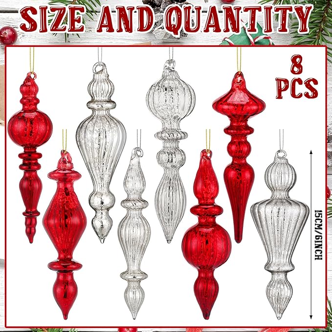 Mifoci 8 Pcs 6 Inch Mercury Glass Finial Christmas Ornaments Hanging Christmas Finials Glass Ornaments Assorted Mercury Decor for Vintage Holiday Xmas Tree Decoration(Red, Silver)