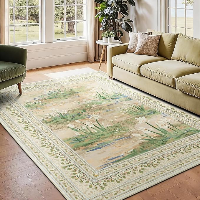 Lessymo Dining Room Rugs for Under Table, 6x9 Washable Floral Area Rug for Living Room, Non Slip Low Pile Carpet for Bedroom, Stain Resistance Cottagecore Farmhouse Nursery Office Decor, Beige Sage