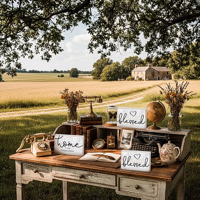 Jetec 3 Pcs Wooden Family Sign Rustic Blessed Home Wall Art Mini Wood Wall Decor Farmhouse Table Shelves Decoration Sign for Bedroom Kitchen Living Room Table Decor (Retro Color,7 x5 x 0.59 in)