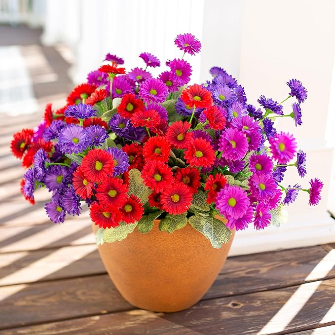 HyeFlora Artificial Flowers for Outdoors Fake Plants Spring Outside Decoration, 6 Bundles Dahlia Silk Daisy Realistic UV Resistant Faux Flowers for Outdoor Planter Balcony Porch Yard Garden Home, Mix