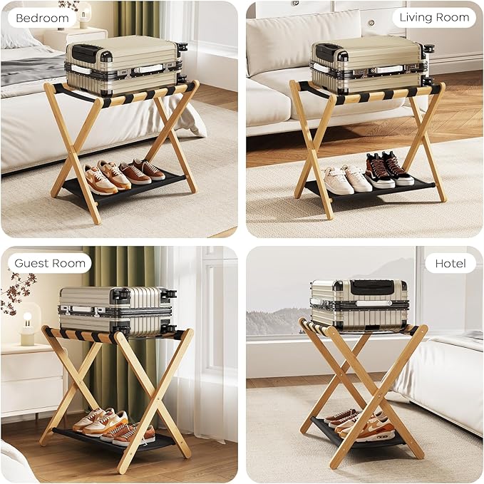 Fully Assembled Luggage Rack, 26.77" Natural Luggage Rack for Guest Room, Bamboo Folding Suitcase Stand with Fabric Storage Shelf, Heavy Duty 5 Nylon Straps Luggage Holder for Hotel, 1 Pack