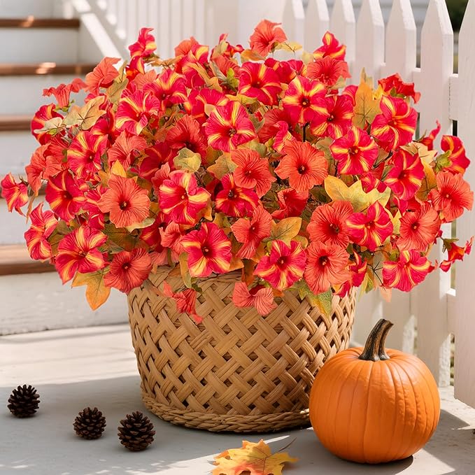 8 Bundles Fake Fall Flowers Artificial Plants for Outdoor Decorations, Faux Fall Petunias Flowers for Outside UV Resistant Realistic Planters for Garden Porch Patio Indoor Autumn Decor(Orange Red)