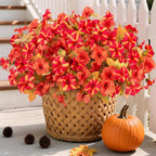 8 Bundles Fake Fall Flowers Artificial Plants for Outdoor Decorations, Faux Fall Petunias Flowers for Outside UV Resistant Realistic Planters for Garden Porch Patio Indoor Autumn Decor(Orange Red)
