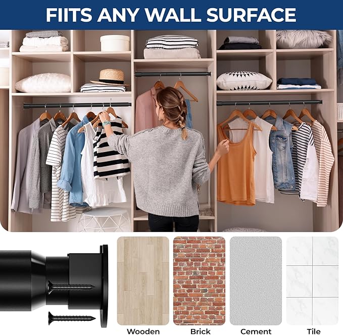 Mavivegue Closet Rod, 17 to 84 Inch Adjustable Closet Rods for Hanging Clothes, Heavy Duty Tension Rod, Black Curtain Rod, for Closet, Wardrobes, Bathroom, Laundry
