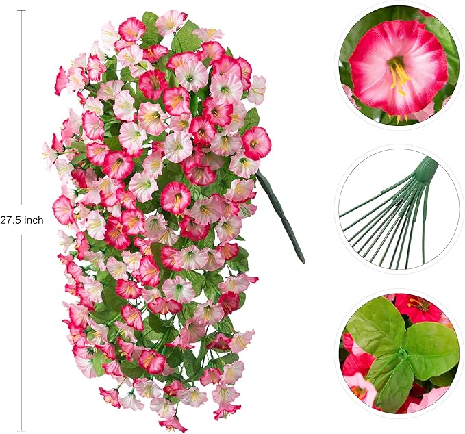 Artificial Fake Hanging Flowers Plants for Outdoor Decoration, 2PCS Faux Silk Morning Glory Long Vines Stems UV Resistant Look Real for Spring Summer Outside Home Porch Patio, Pink