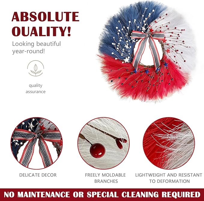 TEMPUS 30 Inch Patriotic Wreath for Front Door, Artificial Pampas Grass Reeds Wreath with Red White Blue Berries and Metal Stars, 4th of July Memorial Day Decor