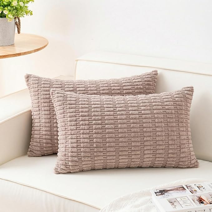Aegero Pack of 2 Corduroy Decorative Throw Pillow Covers 12x20 Inch Soft Striped Pillow Covers Modern Farmhouse Home Decor for Sofa Living Room Couch Bed（Light Brown）