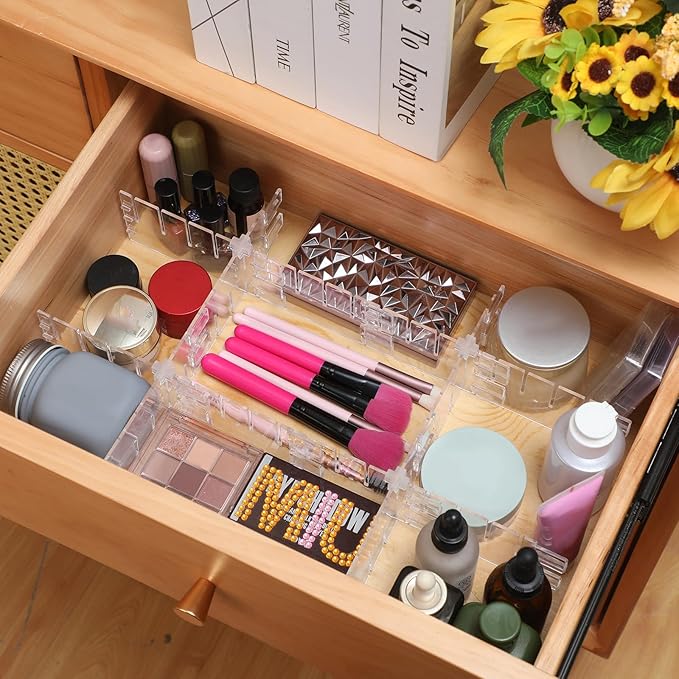 45 Pcs Adjustable Drawer Dividers with Fixed Buckle Drawer Organizer Box Dividers Back To School Gift for Socks Underwear Makeup Kitchen Bedroom Dresser Office Storage (Clear)