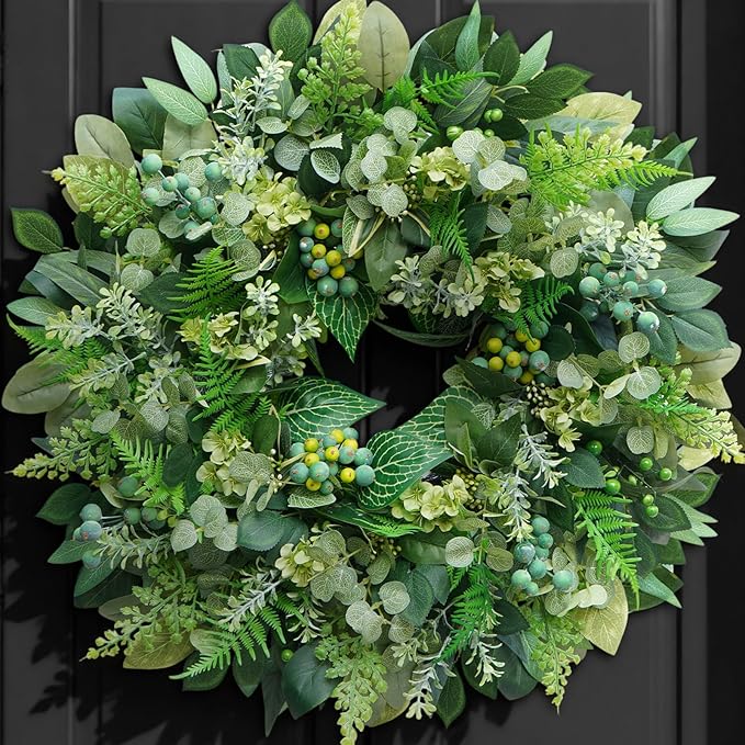 24 Inch Green Wreath for Front Door - Artificial Greenery Wreath with Berries, Indoor Outdoor All Season Year Eucalyptus Wreath for Farmhouse Home Decor, Spring Summer Fall Winter