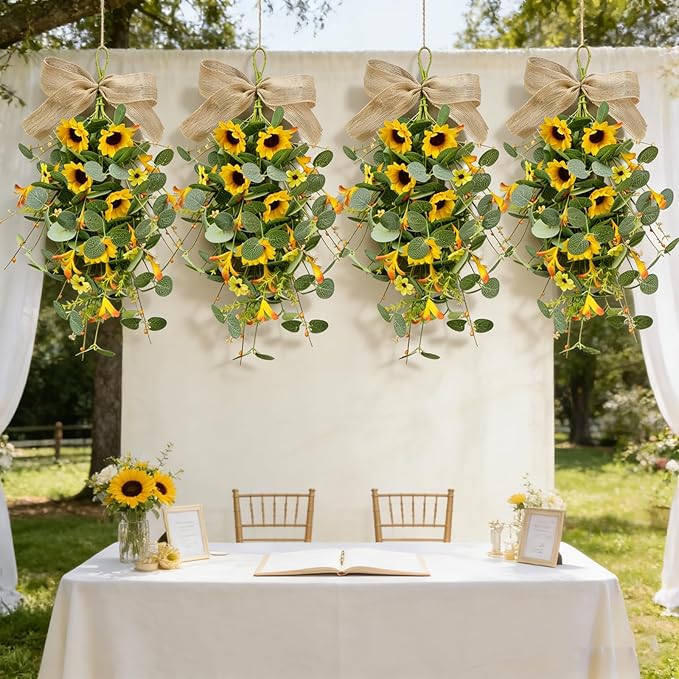 2 Pack 21'' Summer Sunflower Swag Wreaths for Cabinets Artificial Yellow Daisies Flower Teardrop Wreath with Orange Berry and White Sprigs Floral Wreath for Farmhouse Front Door Porch Window Wall