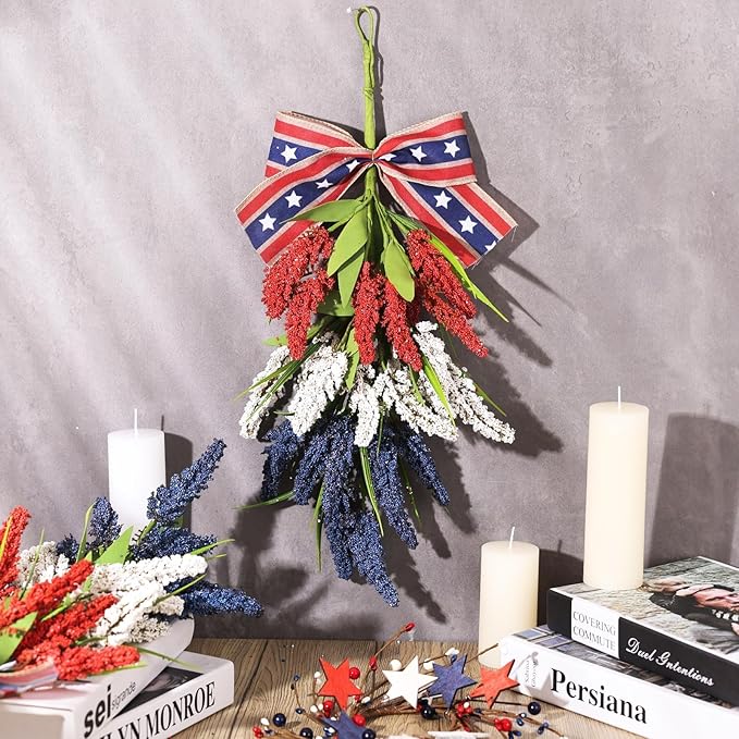 24inch Patriotic Red, White and Blue Floral Swag Wreath for Front Door Patriotic American Floral Teardrop Swags 4th of July Independence Day Rings Wreaths for Pillars Porch Wall Window Decor