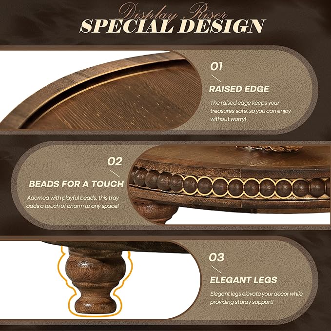 EOSAHR Beaded Round Display Riser for Room Decor – 3-Leg Wooden Pedestal Stand for Coffee Table, Cake Stand, Perfume & Vanity Organizer – Boho Home Decor for Living Room (Vintage Brown)