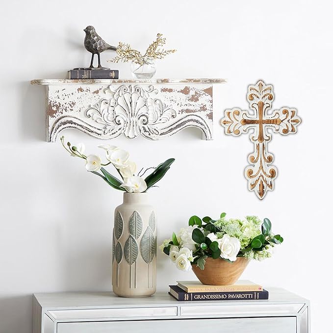 SOFE Decorative Wall Crosses for Home Decor, White Wash Wood Cross for Wall Decor, Rustic Cross to Hang on Wall, Wall Art Hand Carving Unique Pattern, Easter Religious Gifts