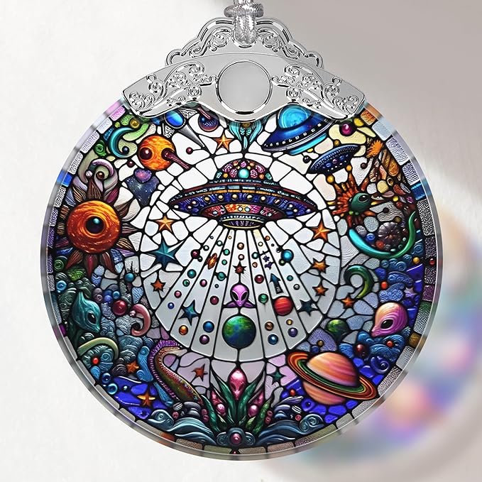UFO Alien Stained Glass Ornament, Christmas Ornaments, Christmas Tree Decorations, UFO Alien Christmas Decor, UFO Alien Ornaments for Christmas Tree, Holiday Presents, Gift Exchange Ideas
