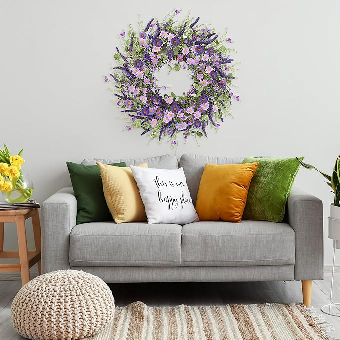 Sggvecsy Purple Daisy Wreath 24 Inch Spring Summer Wreath with Fake Silk Floral Green Eucalyptus Leaves and Lavender for Front Door Window Wall Wedding Farmhouse Festival Decor