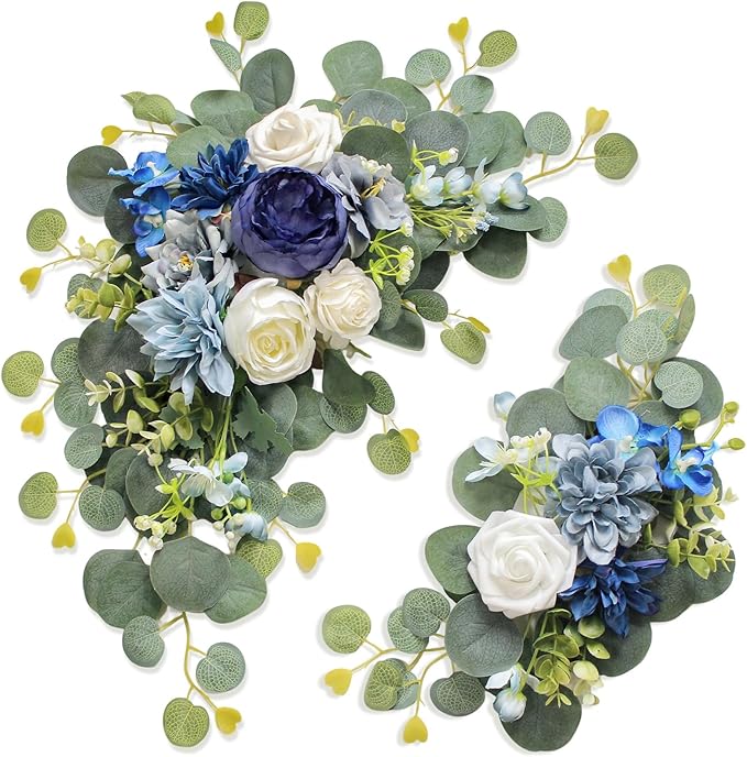 Odouzy Artificial Wedding Arch Flowers for Wedding Sign,Set of 2 for Welcome Ceremony Sign,Faux Floral Swags,Wedding, Banquet and Reception Backdrop Floral Decoration (Blue)