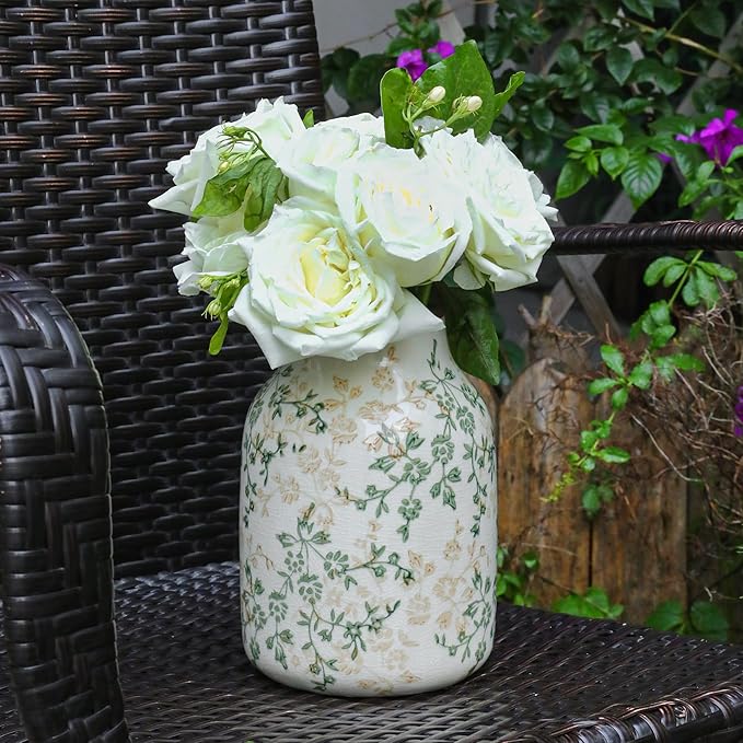 Beige and Green Vintage Rustic Ceramic Vase,Handcrafted Farmhouse Decorative Vase, Easy to Clean Perfect for Flowers Wedding Centerpiece or Shelf Decor 8Inch