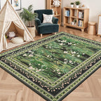 Lessymo Dark Green 5x7 Floral Rugs for Living Room, Soft Washable Area Rug Non-Slip for Dining Room, Impressionist-Style Vintage Carpet, Cottagecore Bedroom Nursery Office Decor