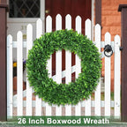 26Inch Boxwood Wreaths for Front Door，Summer Wreaths for Front Door Outside Realistic，Front Door Wreath Outside All Season，Artificial Green Wreath for Farmhouse Porch Wall Wedding Room Home Decor
