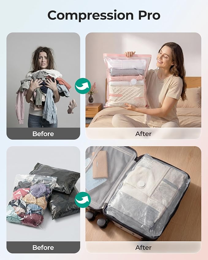 BAGSMART Vacuum Storage Bags with Portable Pump, Travel Space Saver Bags for Clothes, Heavy Duty Compression Bags for Storage, Vacuum Seal Bags with Hand Pump, Travel Essentials for Packing-Khaki