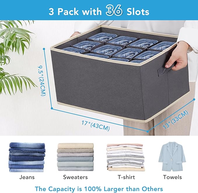 3 Pcs 12 Cell Large Size Pants Organizers for Clothes, Jeans, Sweater, T-shirt, Dress Stackable for Wardrobe Closet Drawer Organizer Storage Bin Container, Dark Grey