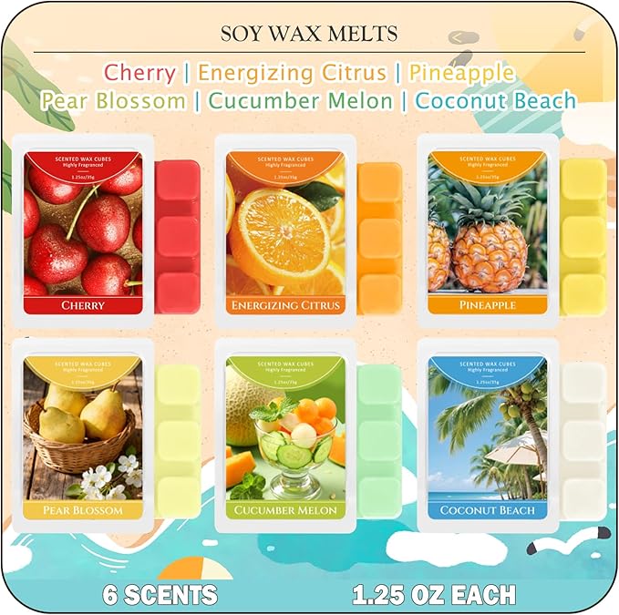 SCENTORINI Wax Melts, Scented Wax Cubes for Wax Warmers, Summer Scent, Coconut Beach, Pear Blossom, Cherry, Cucumber Melon, Pineapple, Energizing Citrus, 6 Pack