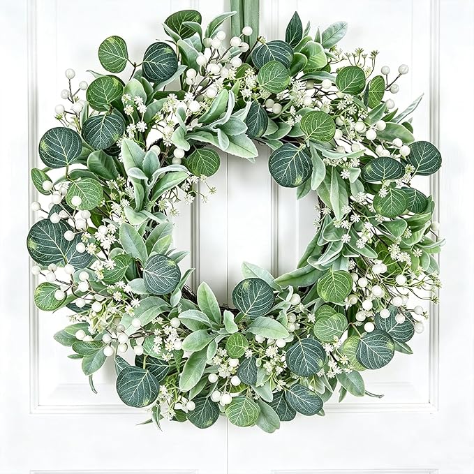 24" Summer Wreath for Front Door, Lamb Ear Grapevine Wreath, Artificial White Baby's Breath Berries Green Bow Decoration for Summer Farmhouse Indoor Staircase Outdoor Porch Decor