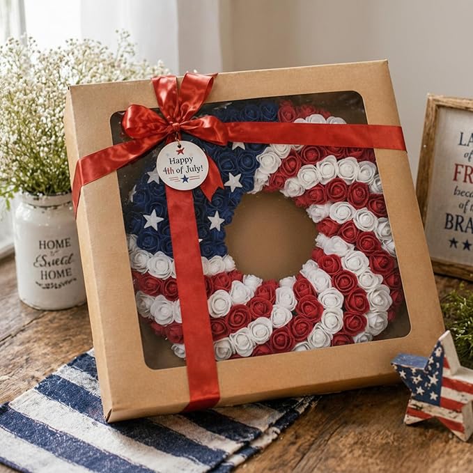 1 Pcs 18 Inch Patriotic Wreath for Front Door 4th of July Wreath Red White Blue Rose Front Door Decor Independence Memorial Artificial Rose Wreaths for 250th Anniversary Porch Wall Indoor Outdoor