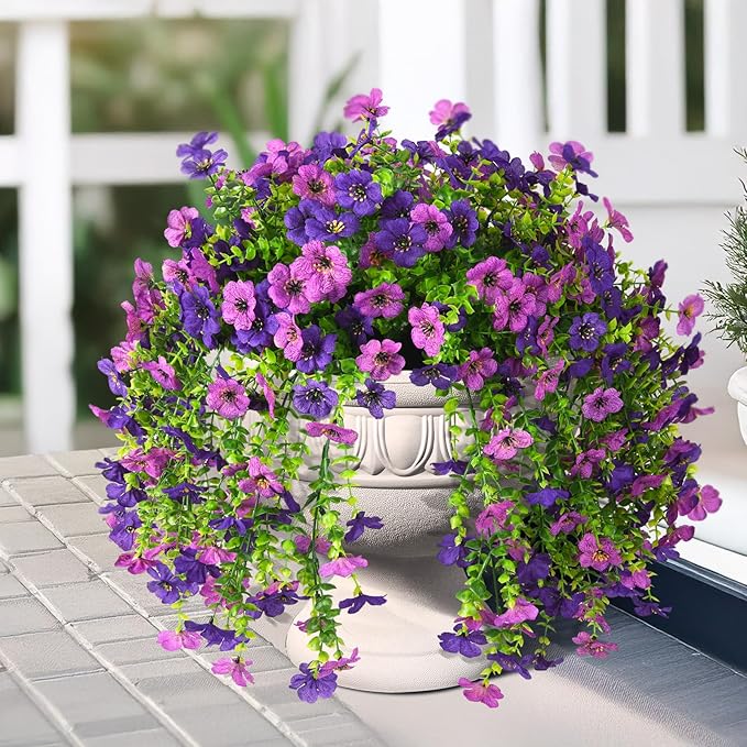 INQCMY 2Pcs Artificial Fake Hanging Flowers for Outdoors UV Resistant Artificial Plants for Spring Summer Decor Look Real Faux Flowers for Outside Home Planter Porch Patio Decor