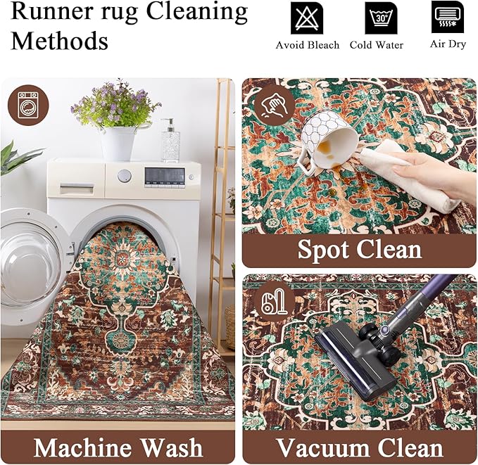 U'Artlines 3' x 18' Boho Hallway Runner Rug, Rust Non Slip Washable Vintage Farmhouse Accent Rug Carpet for Kitchen Entryway Laundry and Living Room (Rust＆Teal)