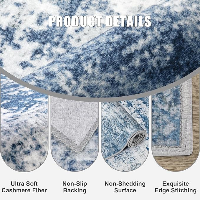 2'x6' Runner Rug Washable Rug: Modern Abstract Soft Thin Runner Rug Blue