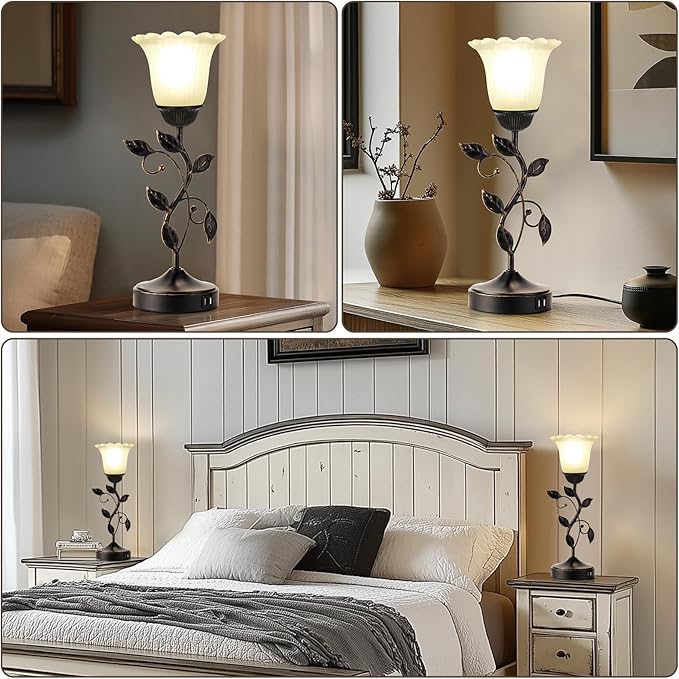 Set of 2 Touch Bedside Vintage Lamps with 2 USB C+A | 3-Way Dimmable Flower Lamps, White Glass Shade Rustic Leaf Lamp for Bedroom Side Table, LED Bulb Included