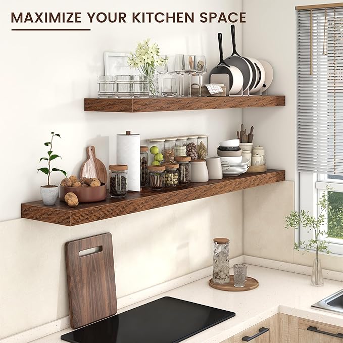 Venusmiles Floating Shelves for Wall, 72 Inch Wide x 12 Inch Deep Floating Shelves, Long Wood Floating Wall Shelf Shelves for Living Room Bathroom Bedroom Kitchen Home - (Brown, 72" W x 12" D x 2" H)