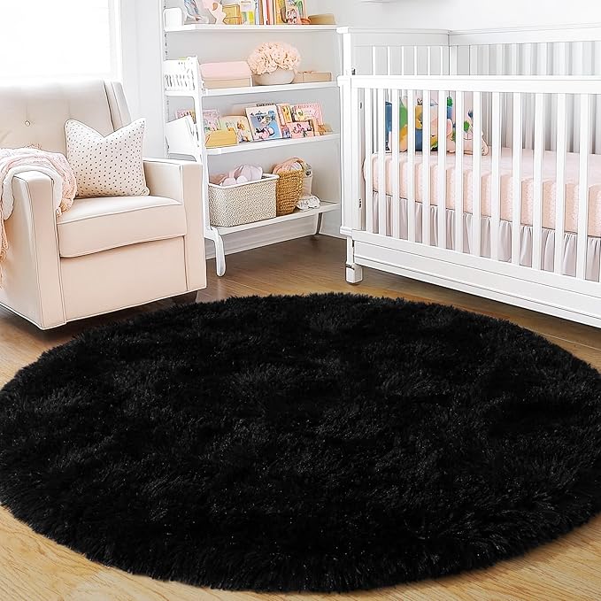 3'x3' Black Round Rug for Bedroom, Ultra Soft Fluffy Circle Rug for Kids Girls Boys Room, Cute Small Shag Rugs for Living Room Playroom Teen Room Home Decor Rug