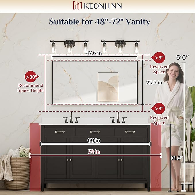 Keonjinn 48 x 24 in Brushed Nickel Bathroom Mirrors for Over Sink, Bathroom Vanity Mirror for Wall, Metal Frame Rectangle Mirror, Square Corner Brushed Silver Mirrors Full Length(Horizontal/Vertical)