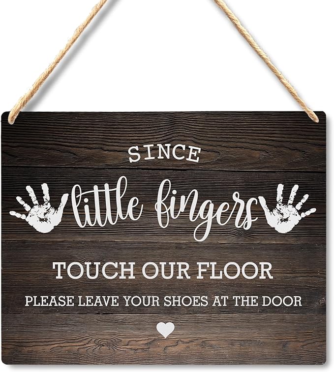 Wall Pediments Shoes Off Sign,Shoes Off Sign for Front Door,Since Little Fingers Touch Our Floor Door Sign,Shoes Off Hanging Welcome Sign for Front Door,6x12 Inches，Wood Grain-3