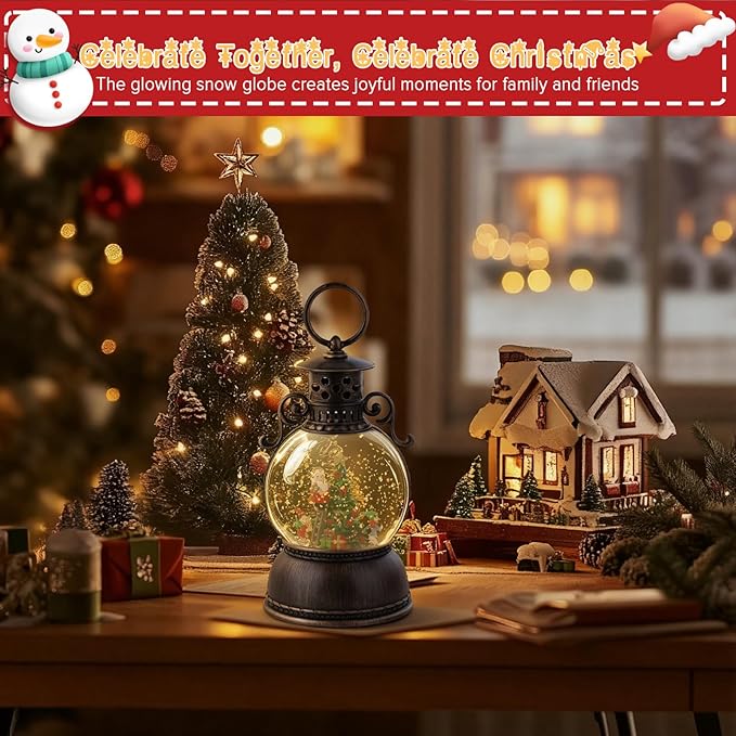 Christmas Snow Globe Lantern - Lighted Musical Water Globes with 6H Timer, Glittering Swirling Santa & Gnomes Scene, Battery/USB Powered Holiday Decoration for Indoor Christmas Decor & Gifts