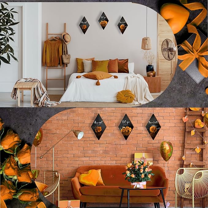3 Pcs Orange Rose Bathroom Wall Decor Orange Decor Flower Wooden Inspirational Wall Art Bedroom Wall Decor with Accept Let Go Have Faith Sign for Bathroom Living Room Bedroom(12 x 7")