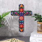 Maitys Floral Cross Wall Decor Hand Painted Decorative Inspirational Wooden Cross Mexican Art Wall Decor Mexican Crucifix for Home Room Church Decoration(Retro Style)