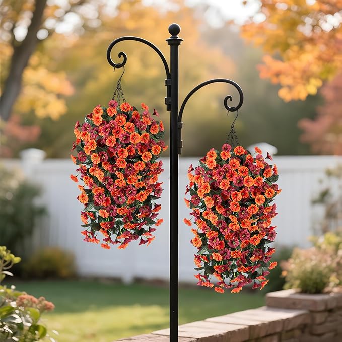Fall Artificial Flowers for Outdoors Decoration, 2PCS Fake Hanging Plants Faux Realistic Silk Morning Glory Long Vines UV Resistant for Autumn Outdoor Porch Patio Balcony Yard Planter, Brown