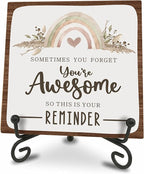 Boho Rainbow Wooden Sign -You Are Awesome Positive Reminder Motivational Wood Plaque With A Support Frame - Home & Office Inspirational Gifts For Women And Man, Desk Decor & Accessories - A13