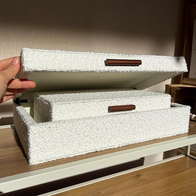 Set of 2 Ivory Bouclé Fabric Decorative Boxes with Wooden Handles, Modern Jewelry Boxes, Storage Boxes, Keepsake Boxes, Photo Memory Organizer, 14.2x8.6x3.5in