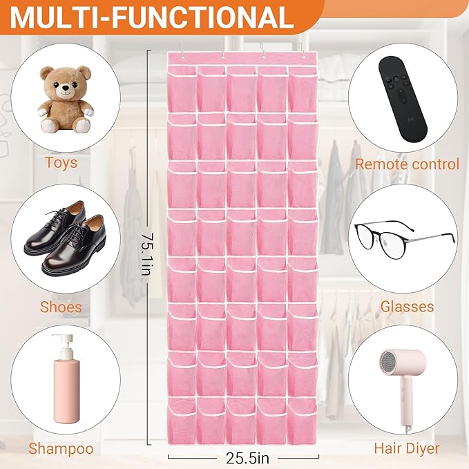 40-Pocket Over the Door Shoe Organizer - Large Mesh Pocket Hanging Shoe Organizer,Behind the Door Shoes Storage Holder Hanger (Pink-W)