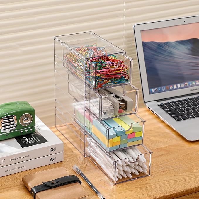 FABROK Clear Hair Accessory Organizer Box with 4 Drawers, Compact Storage Organization Drawers Set for Cosmetics, Glasses, Stationery, Stackable Storage Containers Box for Bathroom, Closet, Desk, Office