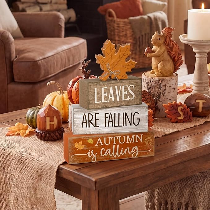Lineshading 4 Pcs Fall Decoration for Home Wooden Maple Leaf Thanksgiving Table Centerpiece Rustic Thanksgiving Tiered Tray Decor Decorative Autumn Leaves Block Sign Farmhouse Autumn Decor for Kitchen
