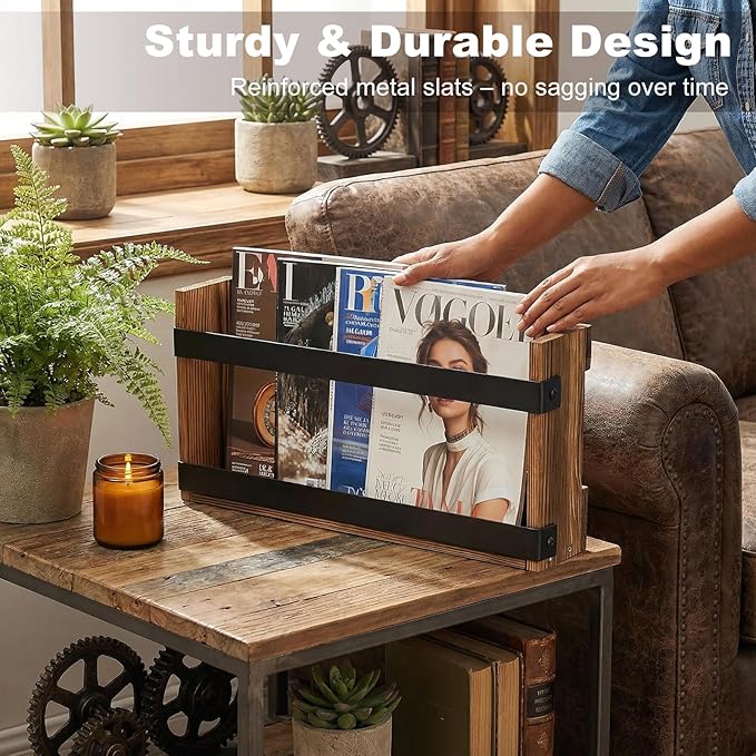Wood Magazine Rack Wall Mounted & Wall Magazine Rack, Pine Wood Black Metal Wall Magazine Holder for Magazines, Books, Mountable or Freestanding Organizer