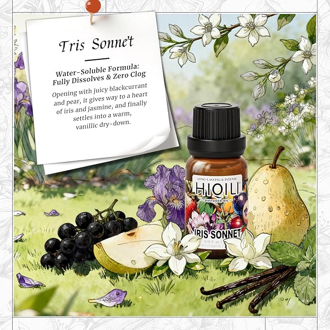 HIQILI Iris Sonnet Diffuser Oil, Elegant Floral Fruity Scent, Water Soluble for Car Air fresheners, Reed Diffuser, Relaxing & Cozy - 0.34 Fl Oz