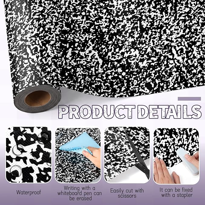 Hahafelt 1.3x39 ft Fabric Bulletin Board Roll Composition Notebook Bulletin Board Marble Non-Woven Reusable Waterproof Erasable Wrinkle Resistant Fabric Roll for Background Decor DIY Craft