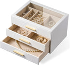 pickpiff Jewelry Box Organizer Case for Women: 3-Layer Jewelry Storage Case with Glass Window, Pure White Leather with Velvet Holder for Ring Necklace Bracelet Brooch Watch, Great Gift for Her
